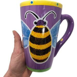Bee Mug Purple Yellow Bumblebee Large Tall Ceramic Coffee 16oz Tea Teacher Gift